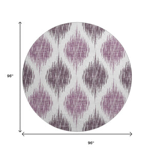 HomeRoots 8' Purple And Ivory Ikat Washable Round Rug - Durable, UV-Protected Beauty for Every Space! 667494