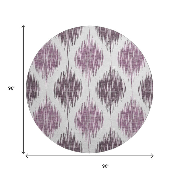 HomeRoots 8' Purple And Ivory Ikat Washable Round Rug - Durable, UV-Protected Beauty for Every Space! 667494