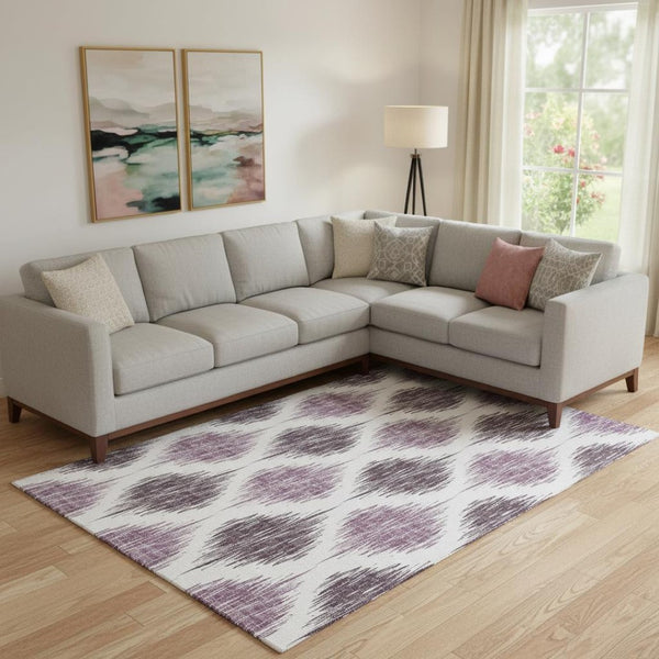 HomeRoots 9' X 12' Ikat Washable Area Rug in Striking Purple & Ivory – Durable, Stylish, UV Protected Design! 667496