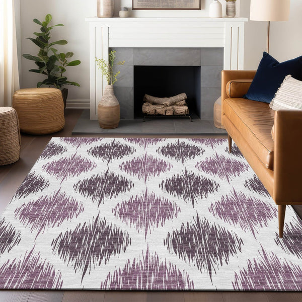 HomeRoots 9' X 12' Ikat Washable Area Rug in Striking Purple & Ivory – Durable, Stylish, UV Protected Design! 667496