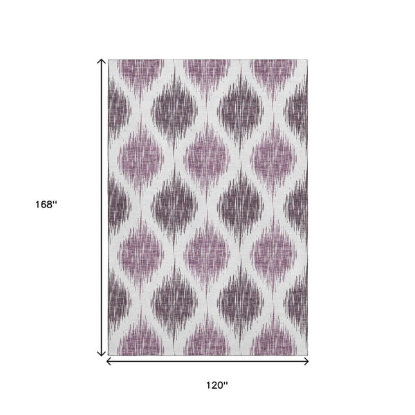 HomeRoots 10' Purple and Ivory Ikat Area Rug - Washable, UV-Protected, Durable Design for High-Traffic Spaces 667497