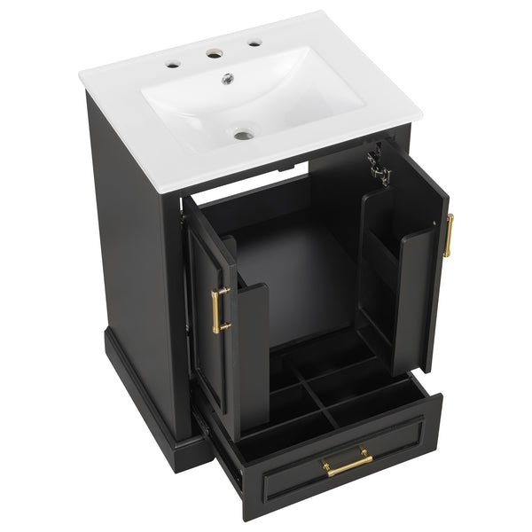 English Elm 24"Bathroom Modern Vanity with Ceramic Sink, Solid Wood Frame, Soft-Close Doors & Smart Storage System Black N729P321378B
