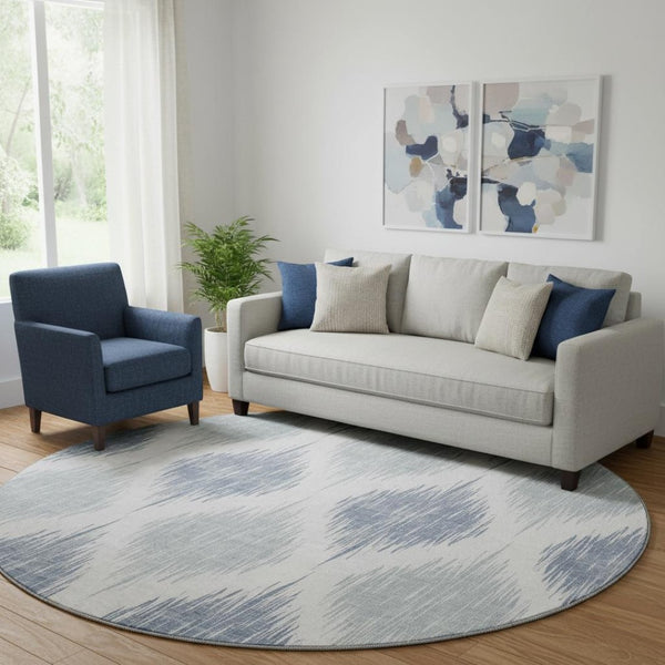 HomeRoots 8' Sky Blue Ikat Round Rug - Washable, UV Protected, Stain Resistant - Perfect for High Traffic Areas 667500