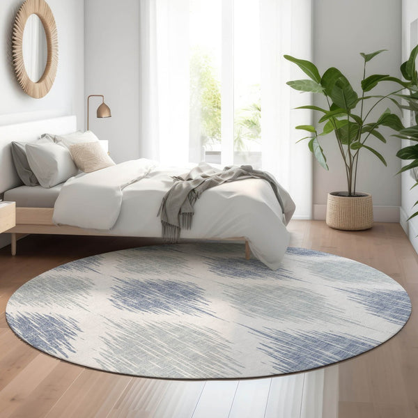 HomeRoots 8' Sky Blue Ikat Round Rug - Washable, UV Protected, Stain Resistant - Perfect for High Traffic Areas 667500