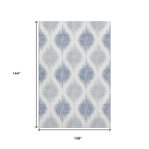 HomeRoots 9' X 12' Sky Blue & Ivory Ikat Area Rug - Durable, Washable, UV-Protected, Perfect for Homes with Kids! 667502