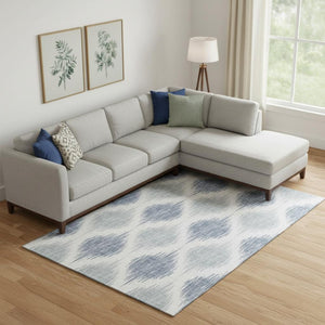 HomeRoots 9' X 12' Sky Blue & Ivory Ikat Area Rug - Durable, Washable, UV-Protected, Perfect for Homes with Kids! 667502