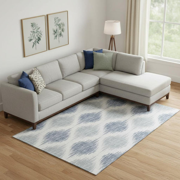 HomeRoots 9' X 12' Sky Blue & Ivory Ikat Area Rug - Durable, Washable, UV-Protected, Perfect for Homes with Kids! 667502