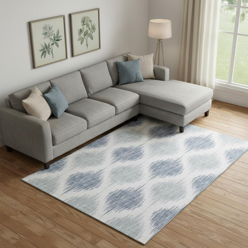 HomeRoots 10' X 14' Ikat Area Rug in Sky Blue & Ivory - Washable, UV-Protected & Perfect for Modern Spaces! 667503