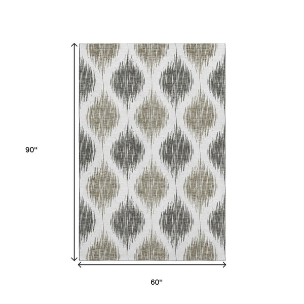 HomeRoots 5' X 8' Elegant Taupe and Ivory Ikat Washable Area Rug with UV Protection for Stylish Homes 667505