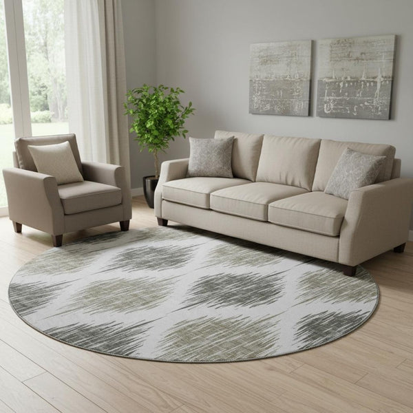 HomeRoots 8' Taupe and Ivory Ikat Round Rug – Washable, UV Protected, Stain Resistant for Active Homes & Style 667506