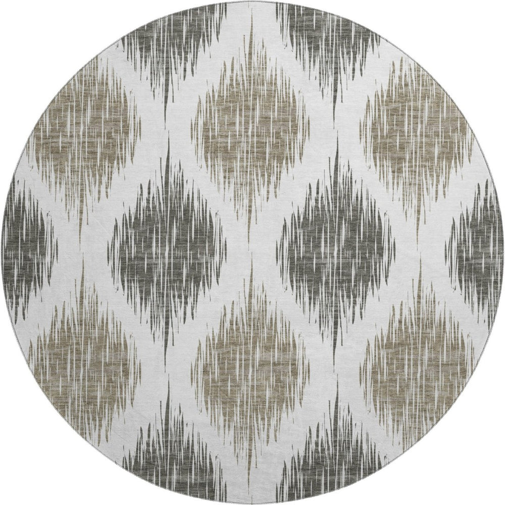 HomeRoots 8' Taupe and Ivory Ikat Round Rug – Washable, UV Protected, Stain Resistant for Active Homes & Style 667506