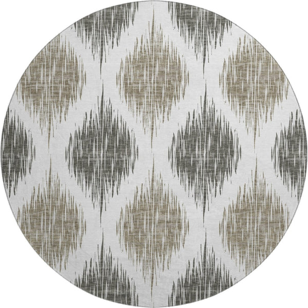 HomeRoots 8' Taupe and Ivory Ikat Round Rug – Washable, UV Protected, Stain Resistant for Active Homes & Style 667506