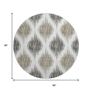 HomeRoots 8' Taupe and Ivory Ikat Round Rug – Washable, UV Protected, Stain Resistant for Active Homes & Style 667506
