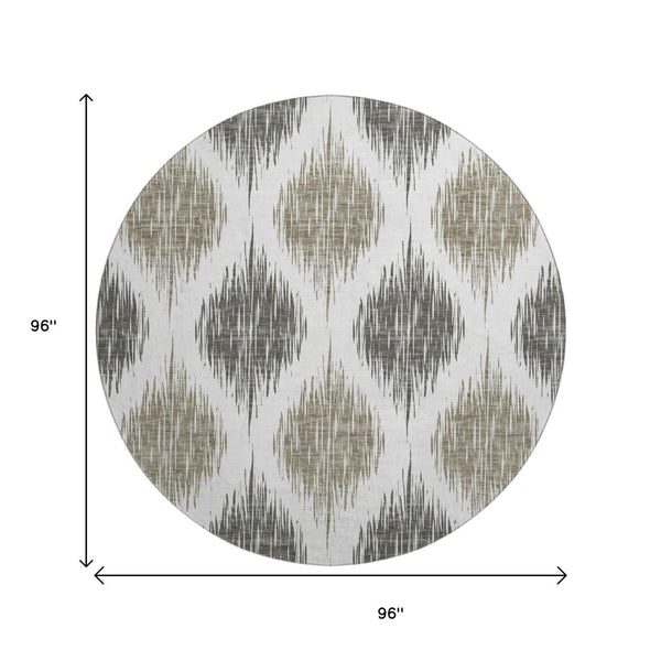 HomeRoots 8' Taupe and Ivory Ikat Round Rug – Washable, UV Protected, Stain Resistant for Active Homes & Style 667506
