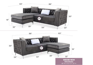 English Elm Paige Velvet Sofa Chaise Gray with Faux Jewel Tufting, Chrome Legs, KD Design for Small Spaces B078S00469