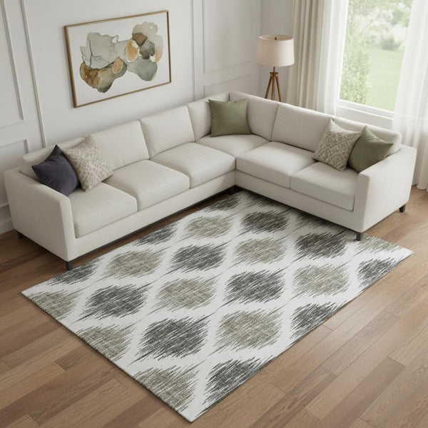 HomeRoots 10' X 14' Taupe and Ivory Ikat Area Rug - Durable, Washable with UV Protection for Family Spaces 667509