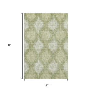 HomeRoots 5' Stylish Artichoke Green & Ivory Ikat Washable Area Rug with UV Protection for High-Traffic Spaces 667511