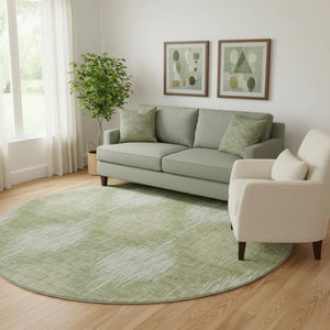 HomeRoots 8' Artichoke Green & Ivory Ikat Washable Round Rug - UV Protected, Durable, Stylish for Any Space 667512