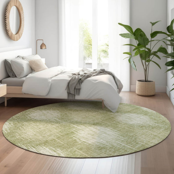 HomeRoots 8' Artichoke Green & Ivory Ikat Washable Round Rug - UV Protected, Durable, Stylish for Any Space 667512