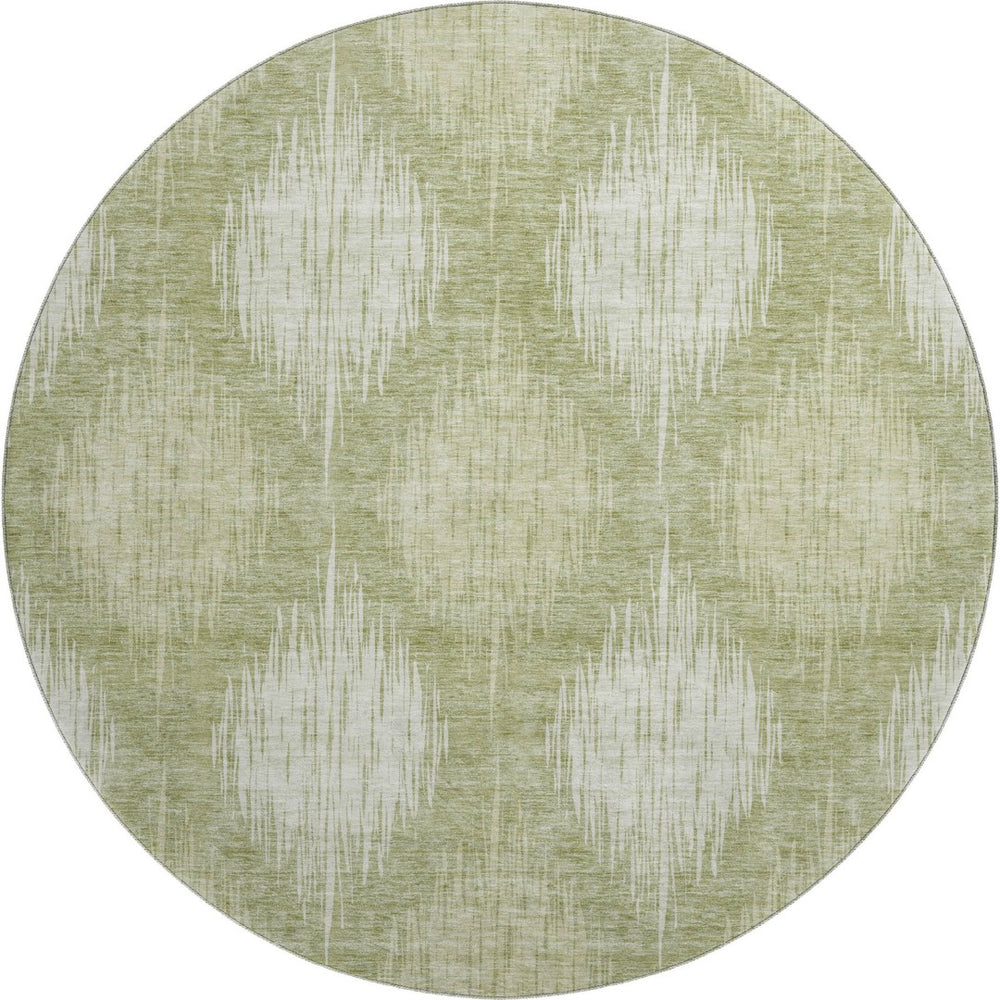 HomeRoots 8' Artichoke Green & Ivory Ikat Washable Round Rug - UV Protected, Durable, Stylish for Any Space 667512