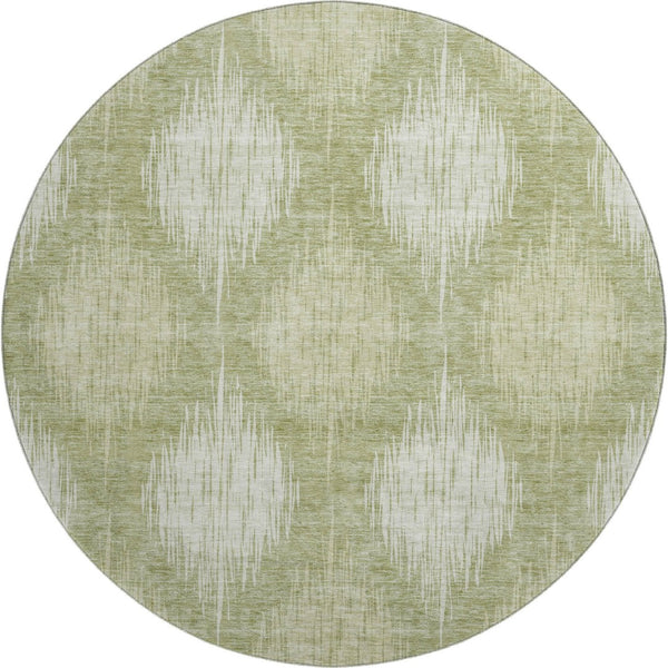 HomeRoots 8' Artichoke Green & Ivory Ikat Washable Round Rug - UV Protected, Durable, Stylish for Any Space 667512