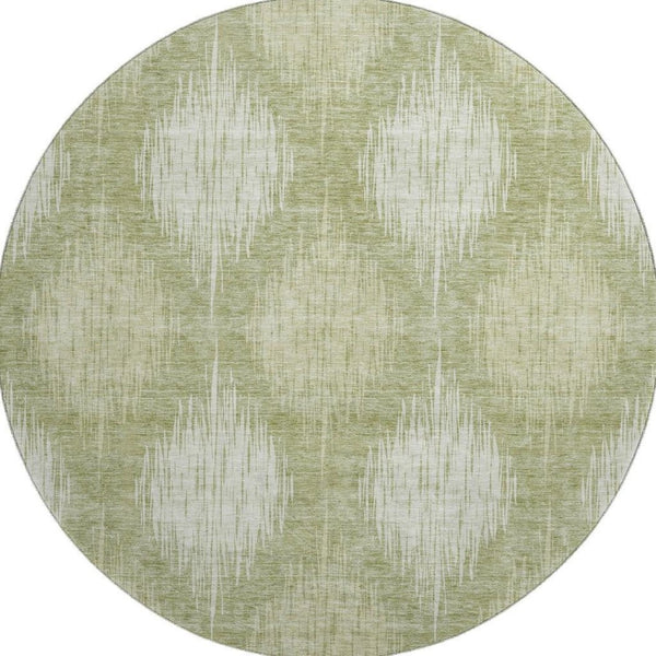 HomeRoots 8' Artichoke Green & Ivory Ikat Washable Round Rug - UV Protected, Durable, Stylish for Any Space 667512