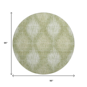 HomeRoots 8' Artichoke Green & Ivory Ikat Washable Round Rug - UV Protected, Durable, Stylish for Any Space 667512
