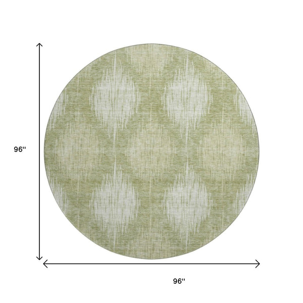 HomeRoots 8' Artichoke Green & Ivory Ikat Washable Round Rug - UV Protected, Durable, Stylish for Any Space 667512