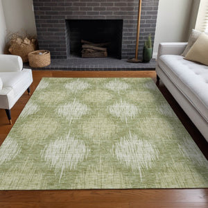 HomeRoots 8' X 10' Artichoke Green Ikat Area Rug - Washable, UV Protected, Durable for High-Traffic Spaces 667513