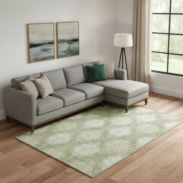HomeRoots 10' Artichoke Green & Ivory Ikat Area Rug - Washable, UV-Protected for Durable Family Living Spaces 667515