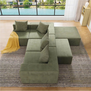 English Elm L-shaped Modular Sectional with Ottoman Corduroy Upholstery Four Seat Living Room Sofa Green W2699S00083