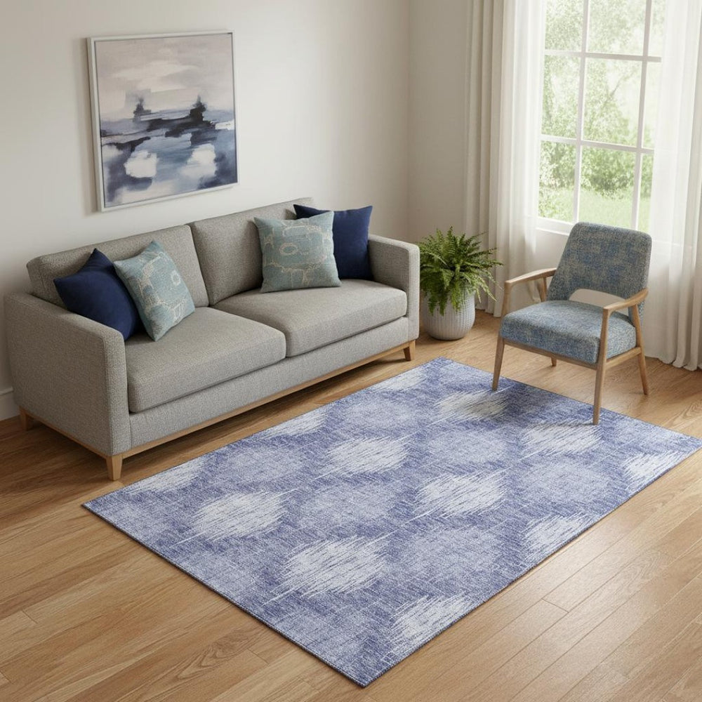 HomeRoots 5' X 8' Denim Blue And Ivory Ikat Area Rug – Washable, Stain-Resistant, UV Protected for Stylish Living 667523