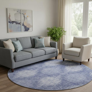 HomeRoots 8' Denim Blue & Ivory Ikat Washable Round Rug - UV Protected, Stain Resistant, Perfect for High-Traffic Spaces 667524