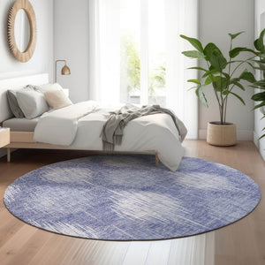 HomeRoots 8' Denim Blue & Ivory Ikat Washable Round Rug - UV Protected, Stain Resistant, Perfect for High-Traffic Spaces 667524