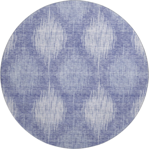 HomeRoots 8' Denim Blue & Ivory Ikat Washable Round Rug - UV Protected, Stain Resistant, Perfect for High-Traffic Spaces 667524