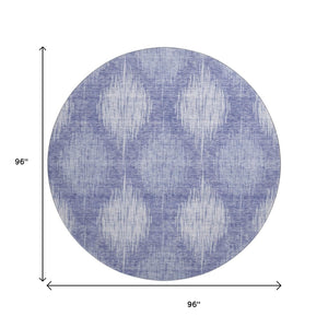 HomeRoots 8' Denim Blue & Ivory Ikat Washable Round Rug - UV Protected, Stain Resistant, Perfect for High-Traffic Spaces 667524