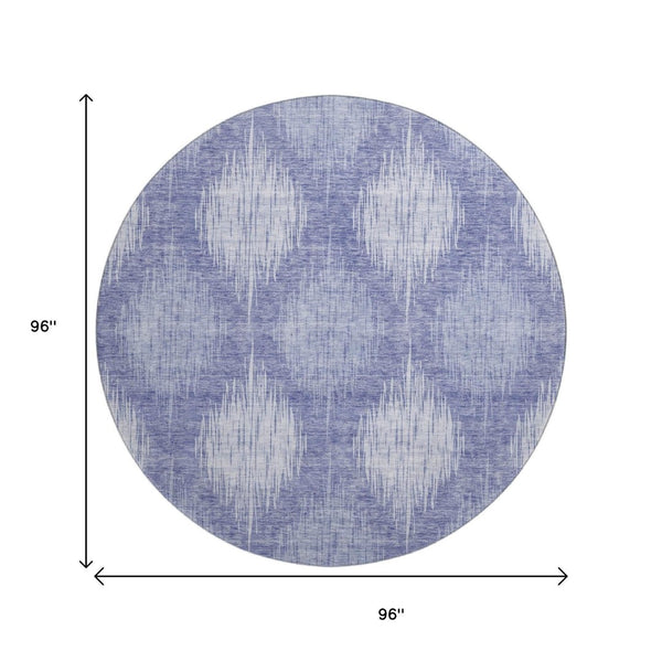 HomeRoots 8' Denim Blue & Ivory Ikat Washable Round Rug - UV Protected, Stain Resistant, Perfect for High-Traffic Spaces 667524