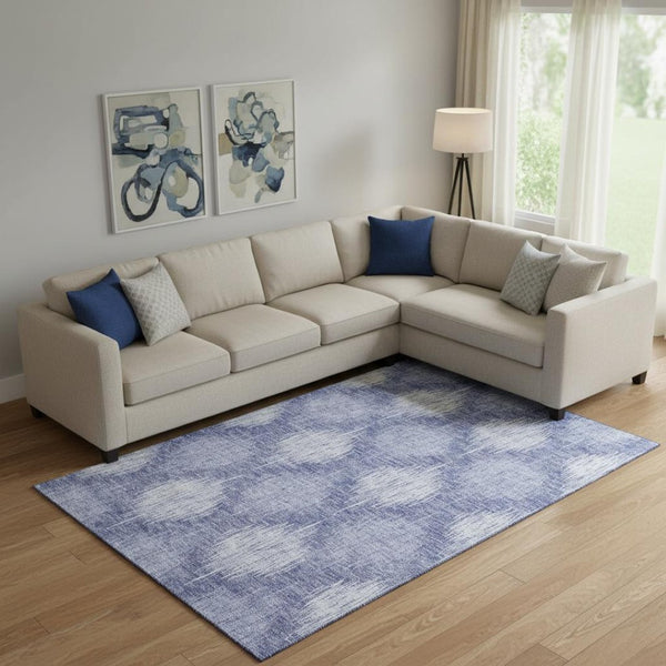HomeRoots 9' X 12' Denim Blue & Ivory Ikat Washable Area Rug with UV Protection for Modern Living Spaces 667526