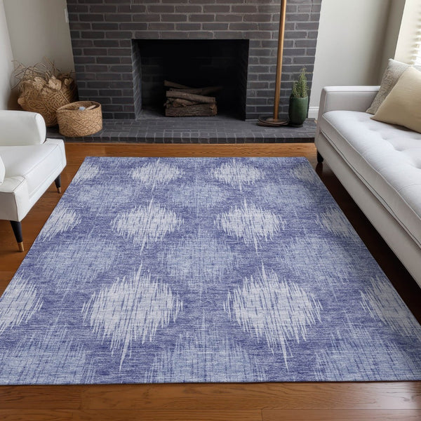 HomeRoots 9' X 12' Denim Blue & Ivory Ikat Washable Area Rug with UV Protection for Modern Living Spaces 667526
