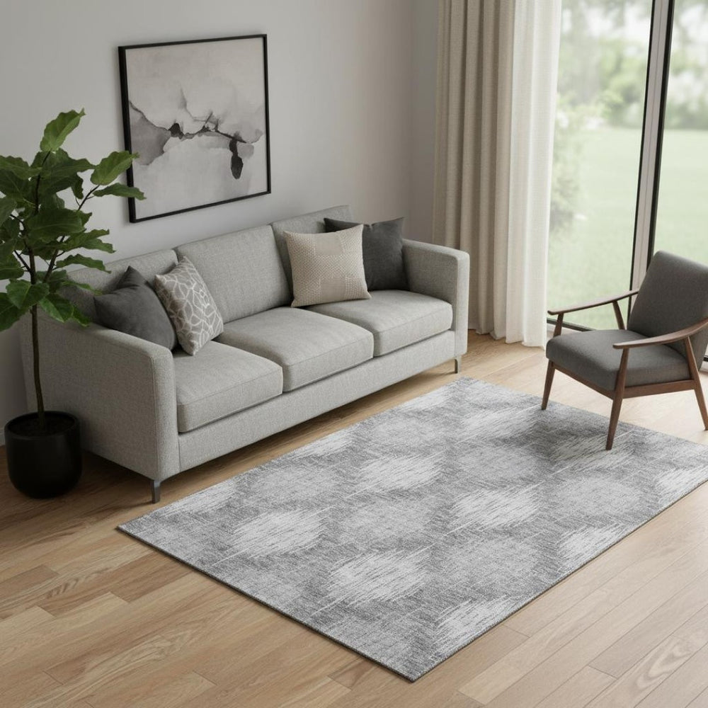 HomeRoots 5' X 8' Gray And Silver Ikat Area Rug - Stylish, Washable, UV-Protected, Stain-Resistant Design! 667529