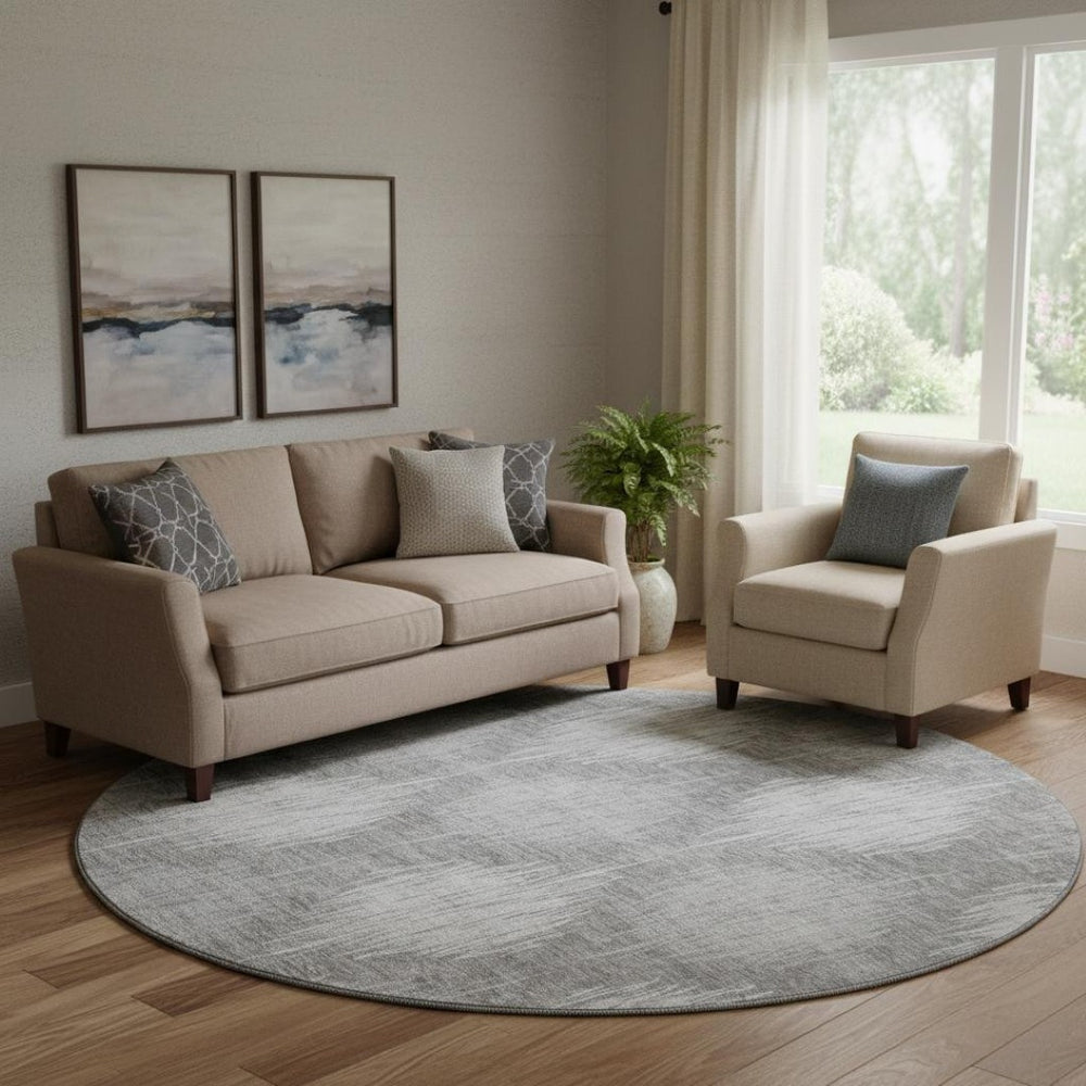 HomeRoots 8' Gray And Silver Ikat Washable Round Rug - Durable, Stain-Resistant, UV Protected for Family Homes 667530