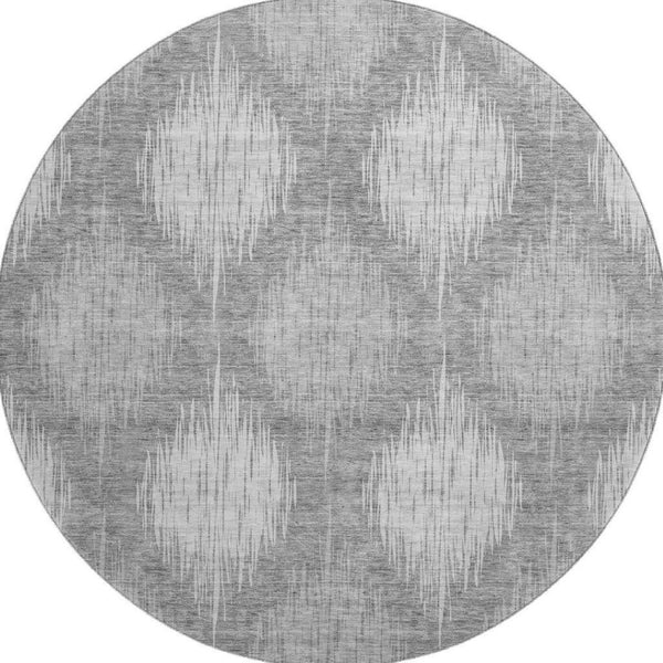 HomeRoots 8' Gray And Silver Ikat Washable Round Rug - Durable, Stain-Resistant, UV Protected for Family Homes 667530
