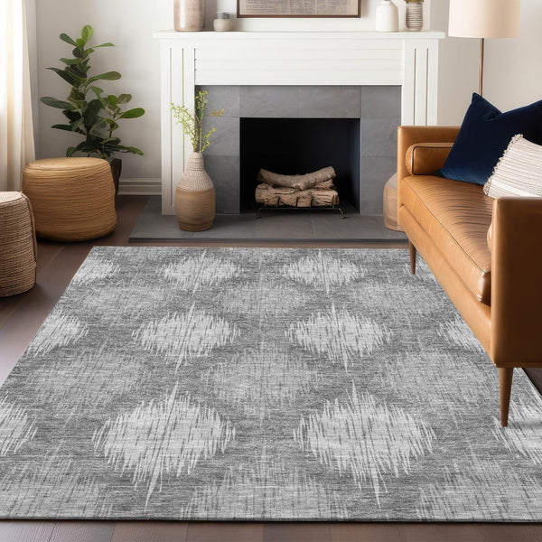 HomeRoots 10' X 14' Gray and Silver Ikat Area Rug - Stylish, Washable, UV Protected for High-Traffic Spaces! 667533