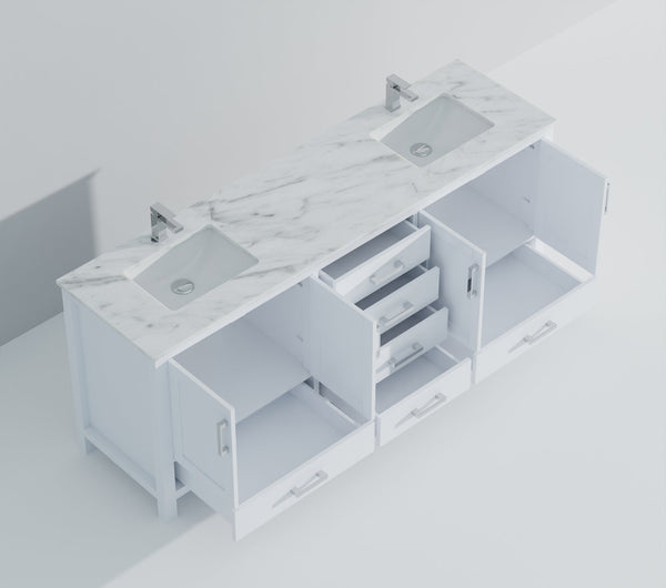 English Elm White Double Bath Vanity 84" W x 22" D with Carrara Marble Top, 14 Drawers, Soft-Close, Faucet Included B2731P259146