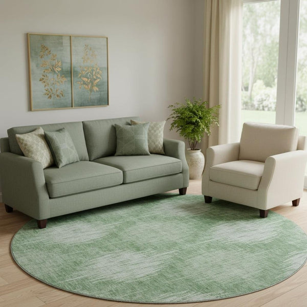 HomeRoots 8' Washable Mint Green Ikat Round Rug with UV Protection – Stylish, Durable, and Easy Care for Homes 667536