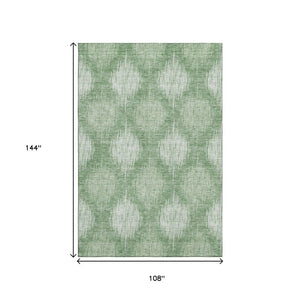 HomeRoots 9' X 12' Mint Green & Ivory Ikat Area Rug - Washable, UV Protected, Durable for Family Spaces 667538