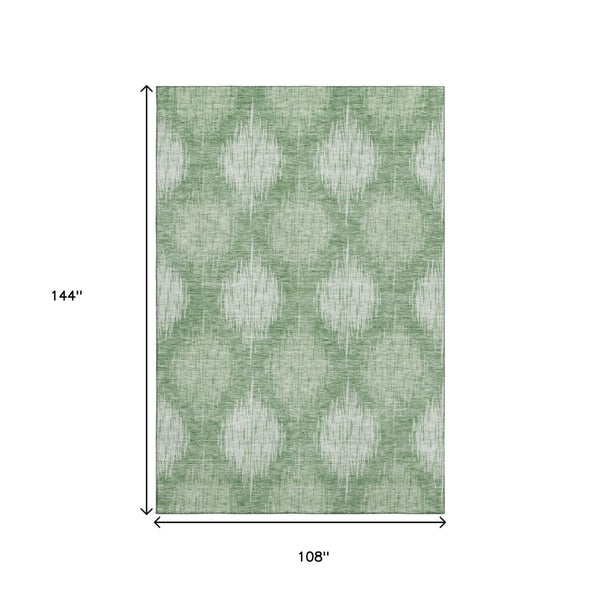 HomeRoots 9' X 12' Mint Green & Ivory Ikat Area Rug - Washable, UV Protected, Durable for Family Spaces 667538
