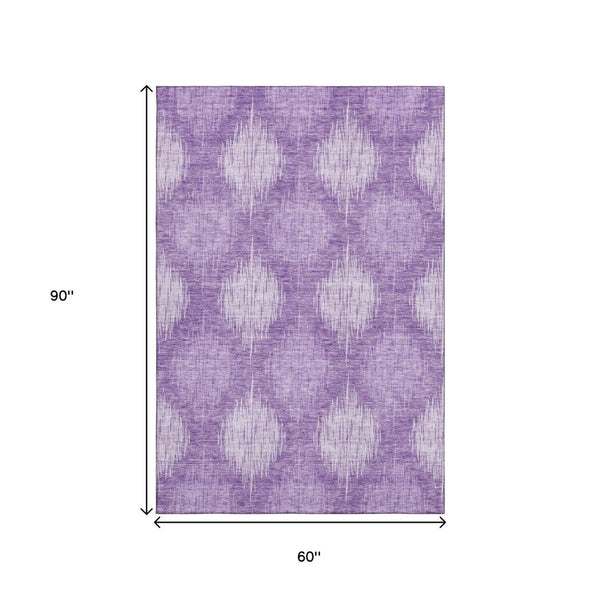 HomeRoots 5' X 8' Plum And Ivory Ikat Area Rug – Durable, Washable, UV Protected for Family & Outdoor Spaces 667541