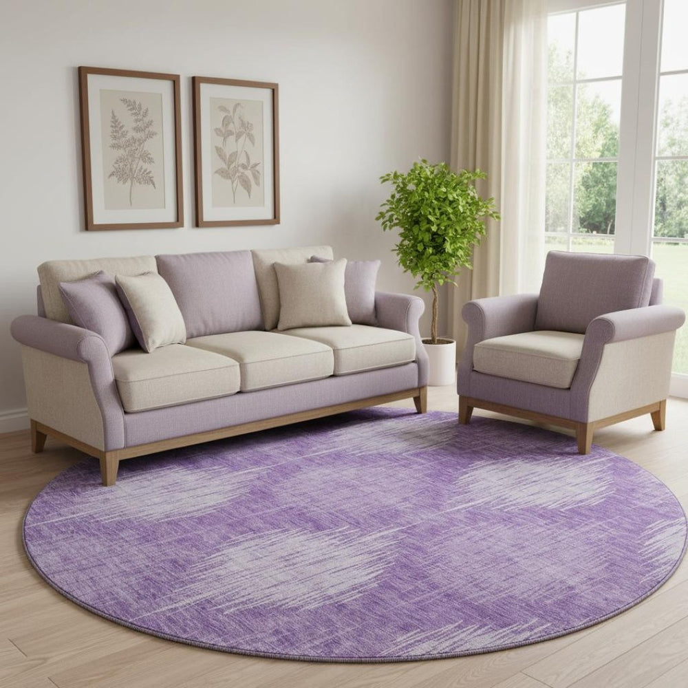 HomeRoots 8' Stylish Plum & Ivory Ikat Washable Round Rug with UV Protection for Homes with Kids & Pets 667542