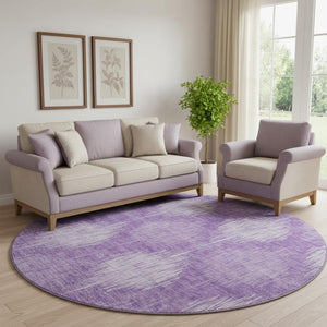 HomeRoots 8' Stylish Plum & Ivory Ikat Washable Round Rug with UV Protection for Homes with Kids & Pets 667542